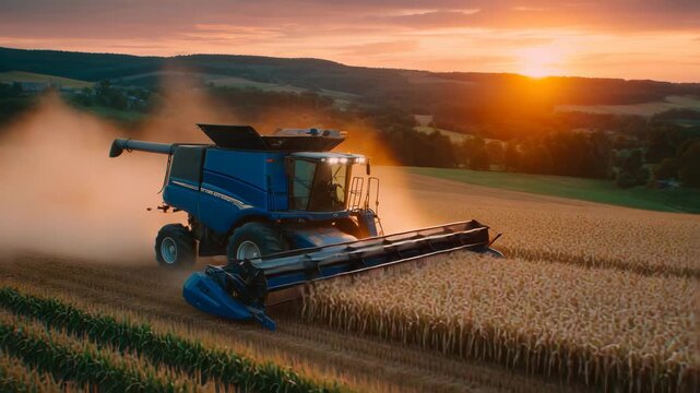 Wide-angle cinematic view of combine harvesting corn, sunset casting orange glow over field, dust rising behind machine, harvested and unharvested rows creating depth