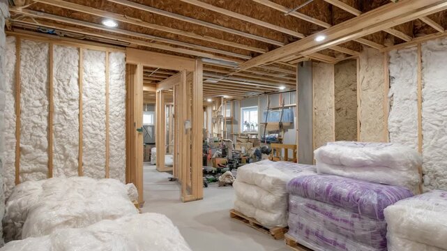Wide shot of basement interior, wall framing and insulation visible, raw concrete surfaces, overhead lighting casting shadows on studs and insulation panels, renovation-ready setti