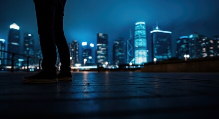 Person standing on waterfront promenade with illuminated skyline and city lights at night