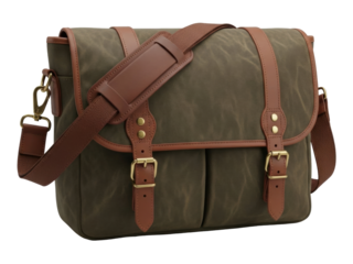 Isolated men's canvas bag with brown leather details, messenger style, shoulder strap attached