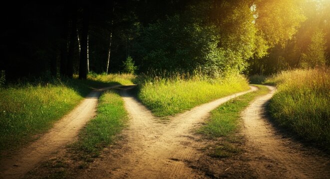 Country dirt road splitting into two sunlit paths through green meadow