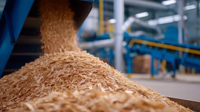 Wood chips cascading from a large industrial shredder into a metal bin, detailed textures of chips and steel equipment, factory floor and pipes in soft focus