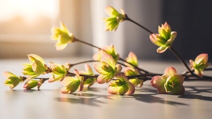 scattered spring branches with tender leaves, open calm space, soft sunlight filtering through, dreamy pastel tones, high-quality realism, tranquil mood