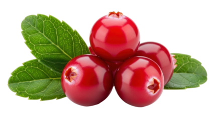 Isolated heap of red cranberries, edible fruits with green leaves, pile of fresh food items