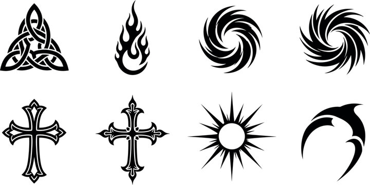 Collection of black tribal tattoo designs including crosses spirals and geometric shapes