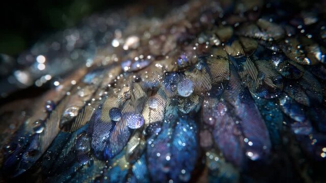 271Macro illustration of salmon skin with shiny slime layer, scales reflecting light, tiny seawater droplets on surface creating high-detail wet texture