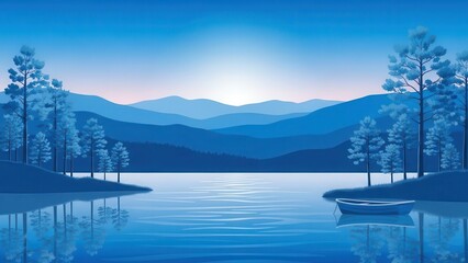 Serene blue mountain landscape with calm lake and distant sunrise
