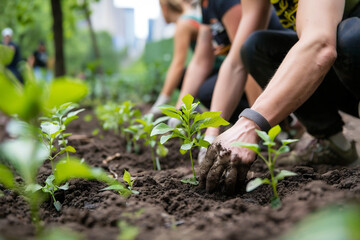Hands of diverse individuals planting young green seedlings in rich soil during community gardening event