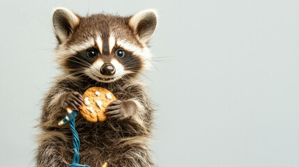 Christmas raccoon holding cookie and festive string lights with joyful expression on gray background perfect for holiday celebration