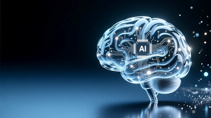 AI Brain Circuits on a Transparent Glass Brain of Silver Reflections with Deep-Navy Glow for High-End AI Branding and Premium Futuristic Technology Backgrounds