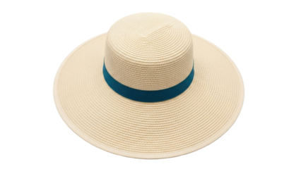 Isolated straw sun hat with teal ribbon for women to protect face from sun rays outdoors