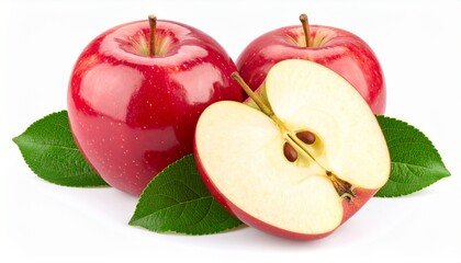 Crisp Red Apples: Freshly picked, luscious red apples, one halved to reveal the juicy interior and seeds, surrounded by vibrant green leaves, a tempting visual treat.