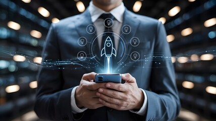 Professional Using Mobile Device with Rocket Illustration, Representing Startup Launch, Digital Growth Strategy, Innovation Management, Technology Advancement, and Modern Business Success Planning
