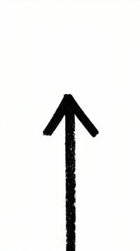 A simple upwards pointing arrow, textured brushstroke, bold mark on plain bright white background symbolizing direction, guidance, progression, or moving forward