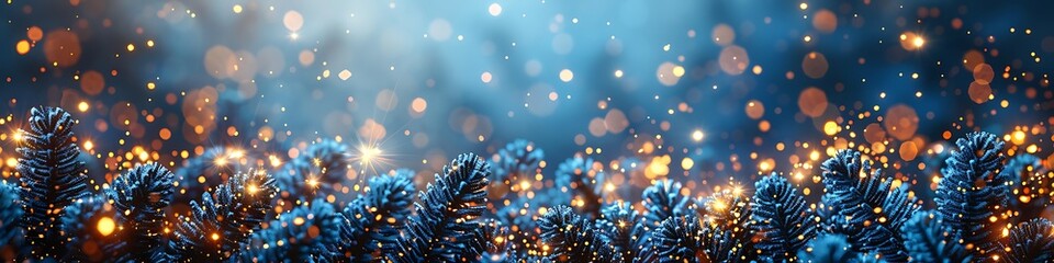 Panoramic winter forest at night with magical glowing lights and falling snow, a stunning festive scene