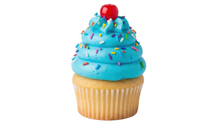 Isolated blue cupcake with sprinkles and cherry on top makes a sweet party dessert treat