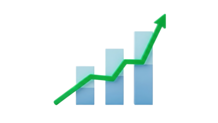 Isolated bars graph, stock market chart with green arrow trending upward, financial chart