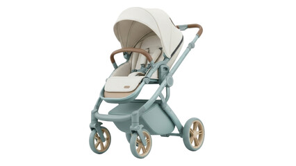 Isolated modern baby stroller, light colors, adjustable sunshade, lightweight design, travel