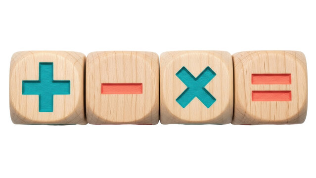 Isolated wooden blocks representing basic math signs plus, minus, multiply, and equal signs