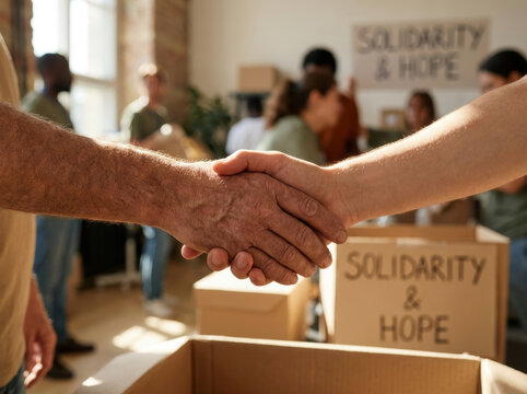 Volunteer handshake in community donation center showing cooperation and support as people fill boxes for charity and relief efforts with warm natural light and teamwork spirit - Powered by Adobe