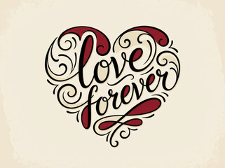 Love forever heart calligraphy lettering romantic vintage ornate swirls red black cream elegant typography design, handwritten script with decorative flourish conveying affectionate emotion