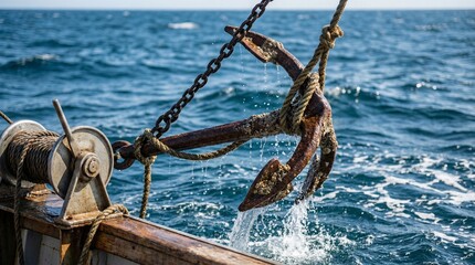 Naklejka premium Boat anchor being raised from the water on a fishing vessel 
