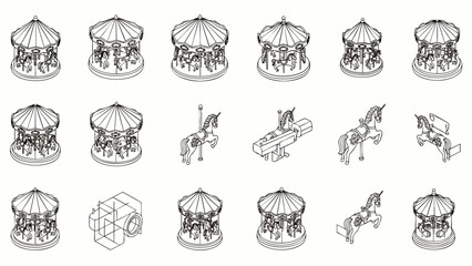 Collection of illustrative carousel horse and ride icons in a clean line art style on a white background.