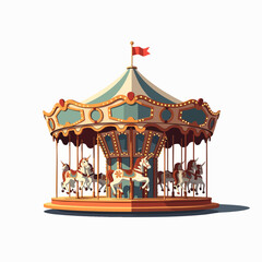 A beautifully illustrated vintage carousel with classic horses and a vibrant striped canopy, perfect for evoking nostalgic childhood memories and amusement park joy. © Indhgraphy Visual