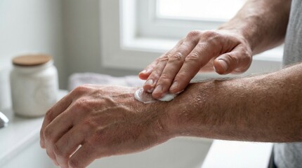 Fototapeta premium Man applying moisturizer to dry skin on his arm in modern bathroom 