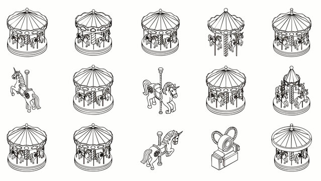 An array of charming monochrome vector illustrations featuring traditional merry-go-rounds and fantasy carousel animals in isometric view.