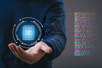 A person presenting a digital checklist icon with flowing data streams, symbolizing automation, workflow management, AI processing, and efficient digital documentation in a modern business environment