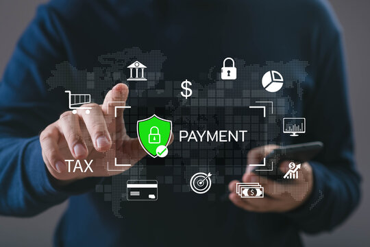 A person interacting with a secure digital payment interface featuring financial icons, tax elements, and data protection symbols, representing safe transactions, online banking, and modern technology