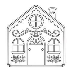 Easy outline of a gingerbread house for coloring presented as a simple illustration isolated on white background