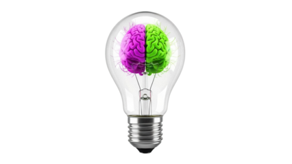 Creative light bulb with brain inside isolated PNG, concept for ideas, innovation, and intelligence on transparent background