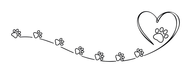 Paw print path leading to a heart shape symbolizing love and companionship, perfect for pet care themes and animal loyalty designs