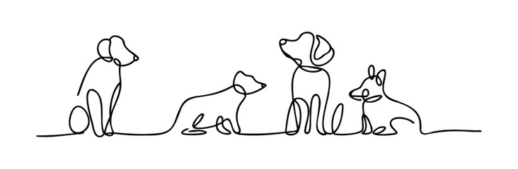 A minimalist continuous line drawing features a group of four dogs of varying breeds and sizes sitting together, perfect for pet care services, veterinary clinics, or animal adoption