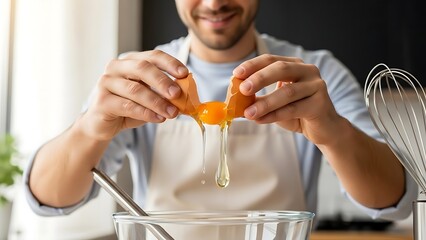 Male baker cracking fresh egg over glass bowl, golden yolk mid-drop, natural daylight window glow, bakery close-up photography for premium cooking visuals