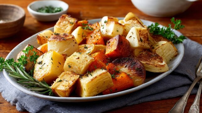 Deliciously roasted root vegetables on stoneware plate with herbs