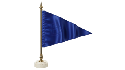 Isolated blue desk flag with a dark blue logo, a golden pole, on a round base, elegant
