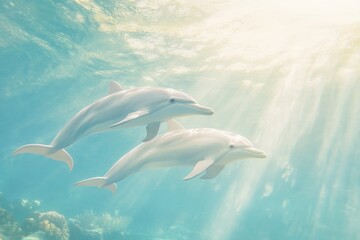Fototapeta premium Serene underwater scene with dolphins in sunlit ocean