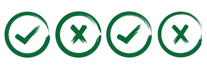 Obraz premium Tick and cross mark grunge brush painted vector symbols. Green checkmark and red X icon. Hand drawn doodle sketch style. Yes and no button for approval and rejection