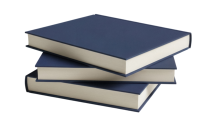 Stack of three blue hardcover books isolated PNG, knowledge and education concept for library or bookstore design on transparent background