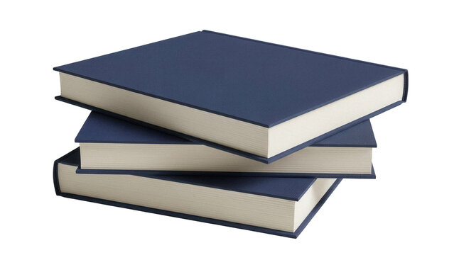 Stack of three blue hardcover books isolated PNG, knowledge and education concept for library or bookstore design on transparent background