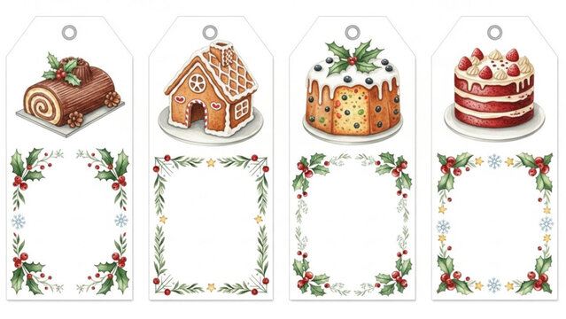 Watercolor Christmas Dessert Gift Tags with Yule Log Gingerbread House Fruitcake and Holly Frames, Festive Holiday Printable Label Set