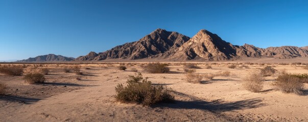 Fototapeta premium Wide desert landscape with rugged sunlit mountains and scattered dry bushes under a clear blue sky, ideal for nature themes, travel visuals, and cinematic scenic backgrounds