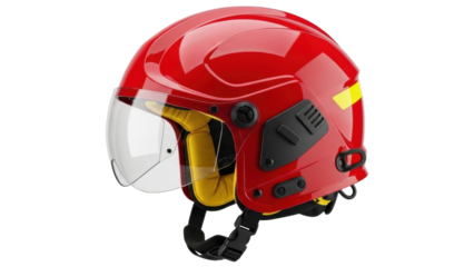 Isolated red hardhat with face shield for emergency services or construction protection