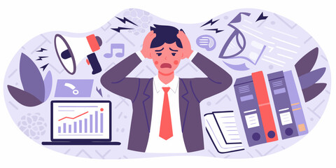 Overwhelmed man surrounded by work stress deadlines and information overload