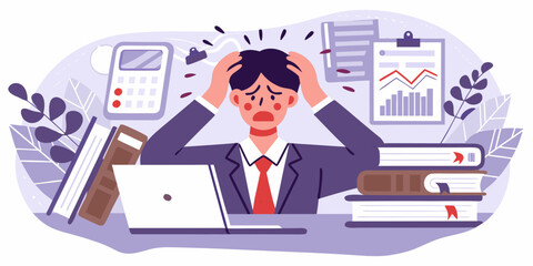 Overwhelmed person struggling with workload facing stress and anxiety at desk