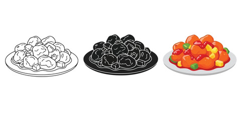 Sweet and sour pork dish with meatballs and vegetables on a plate, , line art, silhouette, and color variations