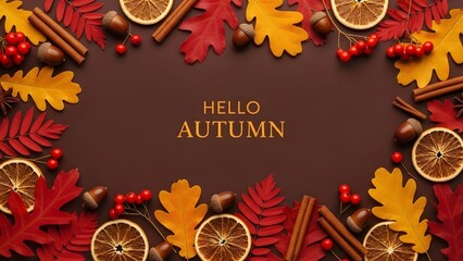 Hello autumn text surrounded by a festive border of fall leaves cinnamon sticks and dried oranges